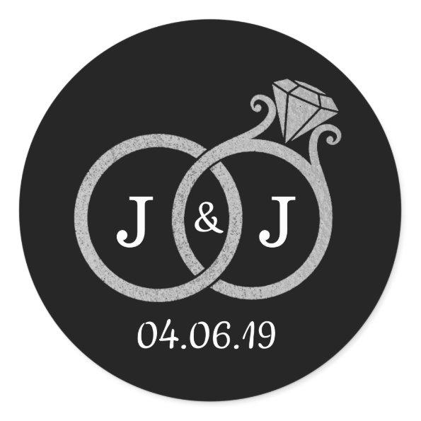 Chic Faux Silver Foil Monogram Wedding Rings Classic Round Sticker