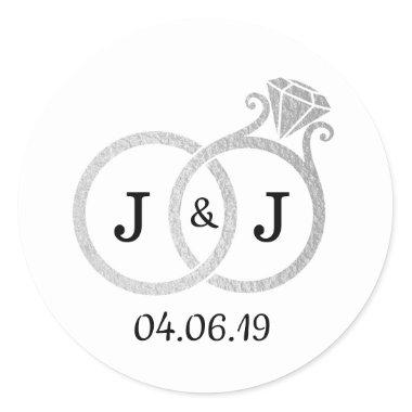 Chic Faux Silver Foil Monogram Wedding Rings Classic Round Sticker