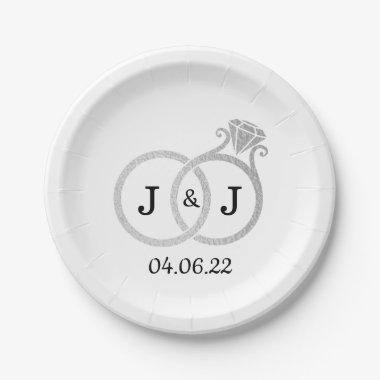 Chic Faux Silver Foil Monogram Wedding Rings Paper Plates