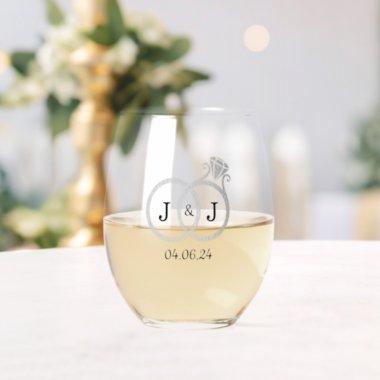 Chic Faux Silver Foil Monogram Wedding Rings Stemless Wine Glass