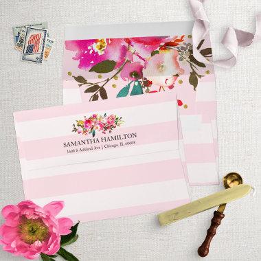 Chic Floral Bouquet Pink and White Stripes Envelope