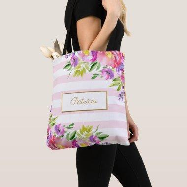 Chic Floral Watercolor Pink and White Stripes Tote Bag