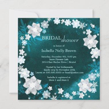 Chic Floral Wreath Teal Winter Bridal Shower Invitations
