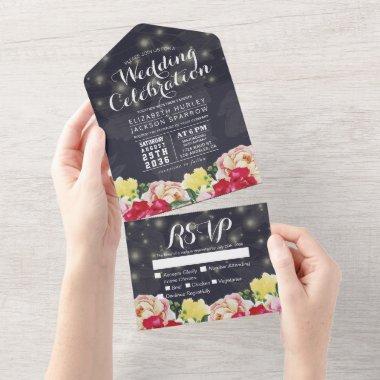 Chic Flower String Light Floral Linen Wedding RSVP All In One Invitations