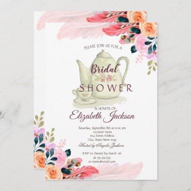 Chic Flowers Feather Teapot Bridal Shower Invitations