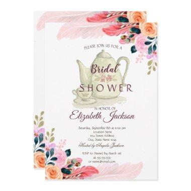 Chic Flowers Feather Teapot Bridal Shower Invitations