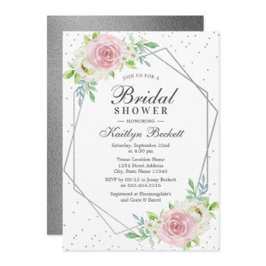 Chic Geometric Silver Foil Floral Bridal Shower Invitations