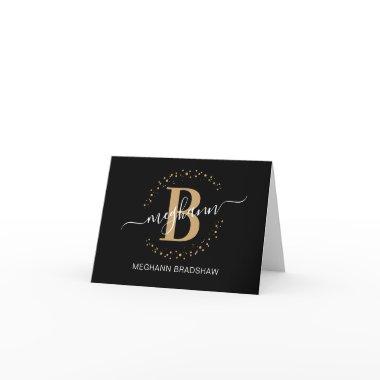 Chic Girly Modern Black Gold Name Script Monogram Thank You Invitations