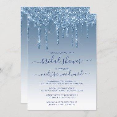 Chic Glitter Drips Blue Ombre Bridal Shower Invitations