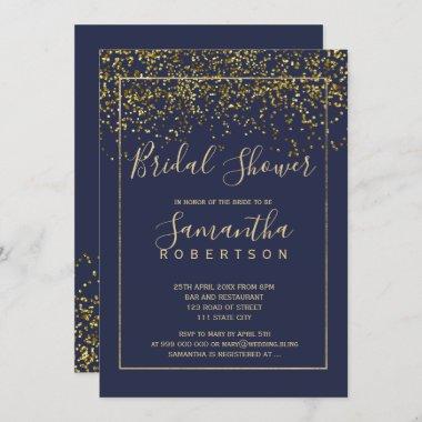 Chic gold confetti navy blue script bridal shower Invitations