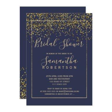 Chic gold confetti navy blue script bridal shower Invitations