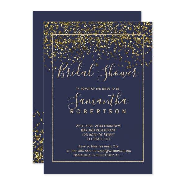 Chic gold confetti navy blue script