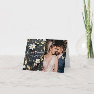 Chic Gold Floral Wreath Photo Wedding Love Thanks Thank You Invitations