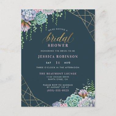 Chic Gold Frame & Script Succulents Bridal Shower Invitation PostInvitations