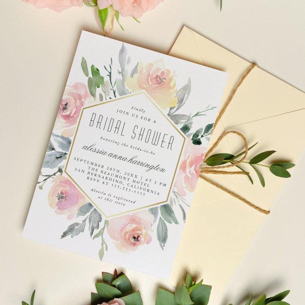 Chic Gold Geometric Pink Floral Bridal Shower Magnetic Invitations