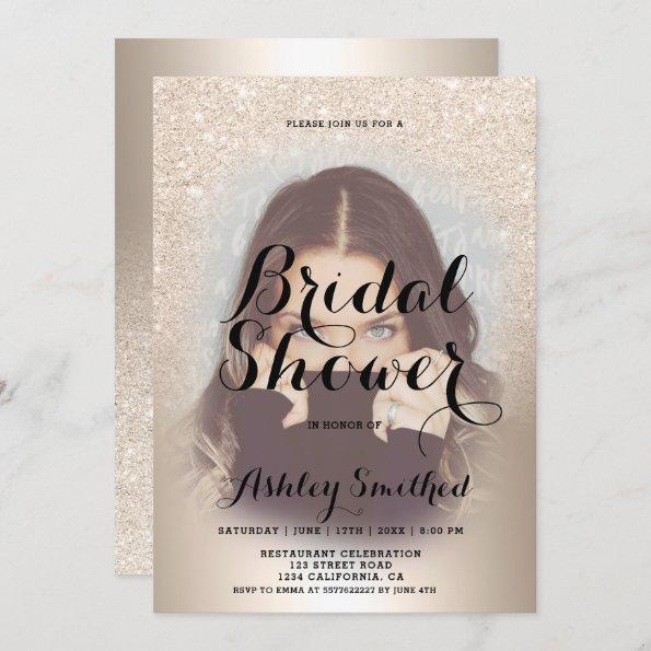 chic gold glitter ombre foil photo bridal shower Invitations
