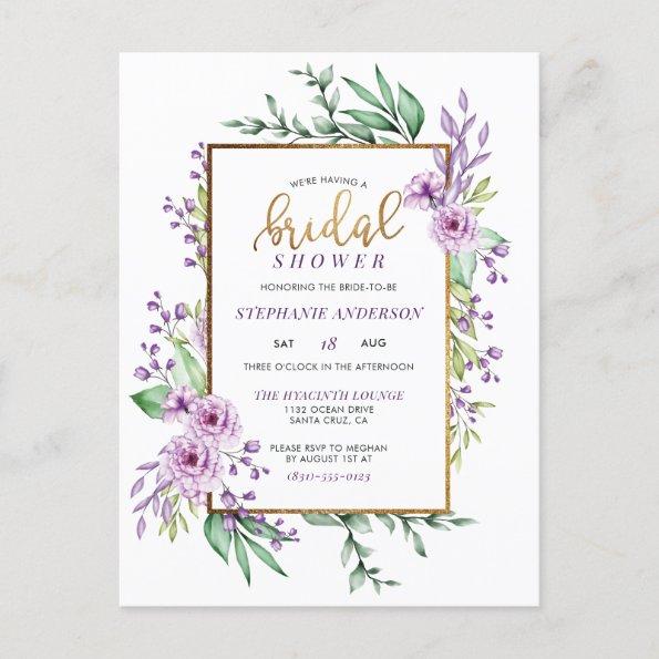 Chic Gold Glitter Script Botanical Bridal Shower Invitation PostInvitations