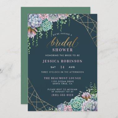 Chic Gold Glitter Script Succulents Bridal Shower Invitations