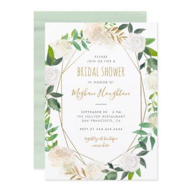 Chic Gold Glitter Watercolor Floral Bridal Shower Invitations