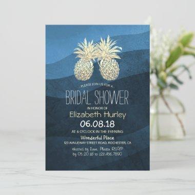 Chic Gold Pineapple Couple Blue Wave Bridal Shower Invitations