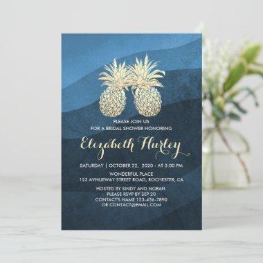 Chic Gold Pineapple Couple Blue Wave Bridal Shower Invitations