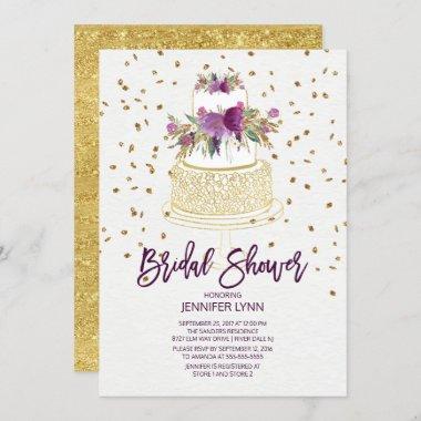 Chic Gold Purple Cake Bridal Shower Invitations