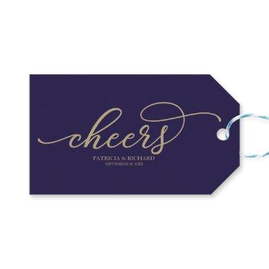Chic Gold Script Cheers Navy Blue Wine Bottle Tags