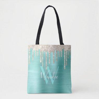 Chic Gold Teal Drip Glitter Monogram Glam Tote Bag