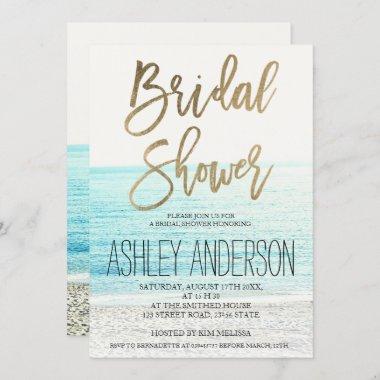 Chic gold typography beach photo bridal shower Invitations