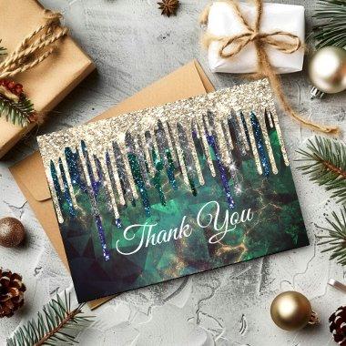 Chic green turquoise gold glitter drips thank you
