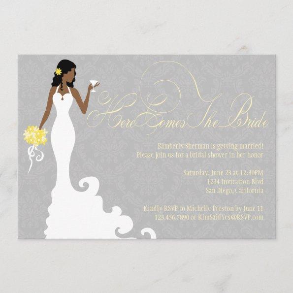 Chic Grey Yellow Here Comes the Bride Shower Invitations