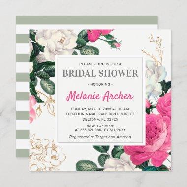 Chic Hot Pink Bridal Shower Watercolor Peony Roses Invitations