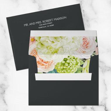 Chic Hydrangea Roses Floral Lined Dark Envelope