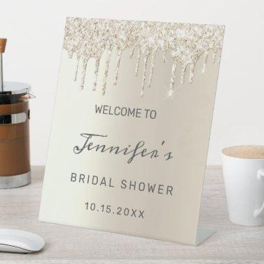 Chic Ivory Dripping Glitter Bridal Shower Welcome Pedestal Sign