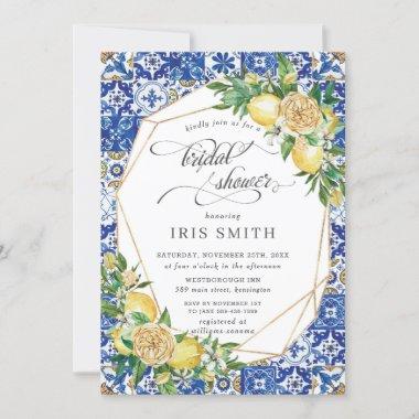 Chic Lemon Floral Greenery Geometric Bridal Shower Invitations