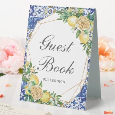 Chic Lemon Yellow Floral Guest Book Tabletop Table Tent Sign