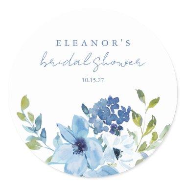 Chic Light Blue Watercolor Floral Bridal Shower Classic Round Sticker