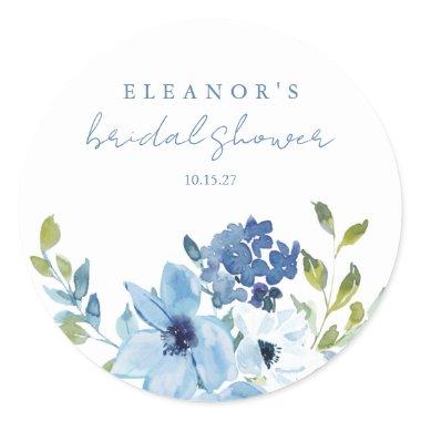Chic Light Blue Watercolor Floral  Classic Round Sticker