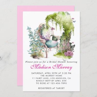 Chic Lilac Green Floral Garden Chair Bridal Shower Invitations