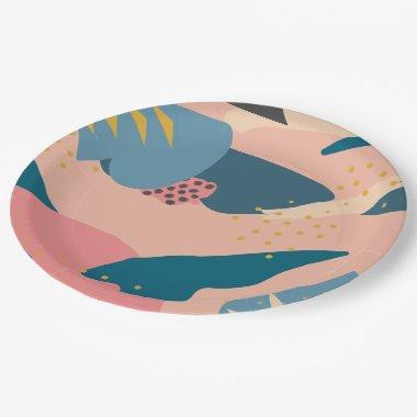 Chic Memphis Style Abstract Gold Pink & Teal Party Paper Plates