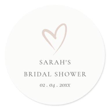 Chic Minimal Simple Blush Pink Heart Bridal Shower Classic Round Sticker