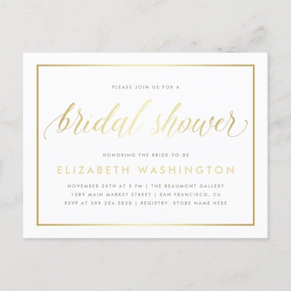 Chic Minimalist Gold Calligraphy Bridal Shower Invitation PostInvitations