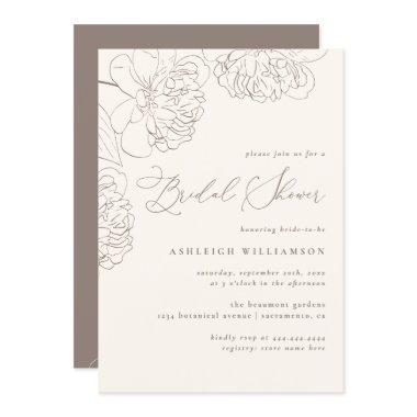 Chic Minimalist Hand-drawn Peonies Bridal Shower Invitations