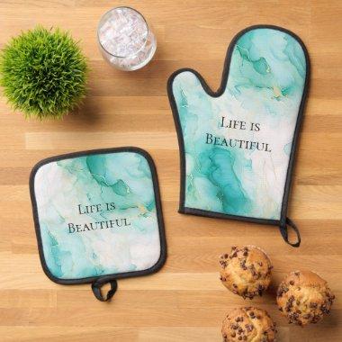 Chic Mint White Gold  Oven Mitt & Pot Holder Set