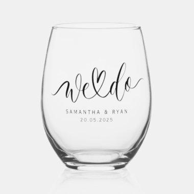 Chic Modern Calligraphy Heart Mr. and Mrs. Wedding Stemless Wine Glass