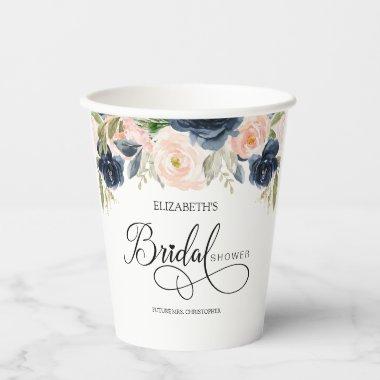 Chic Navy Blue Blush Pink Floral Bridal Shower Paper Cups