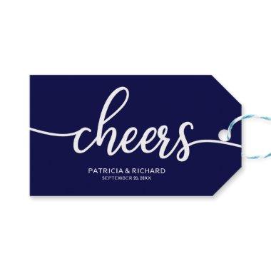 Chic Navy Blue Calligraphy Cheers Wine Bottle Tags