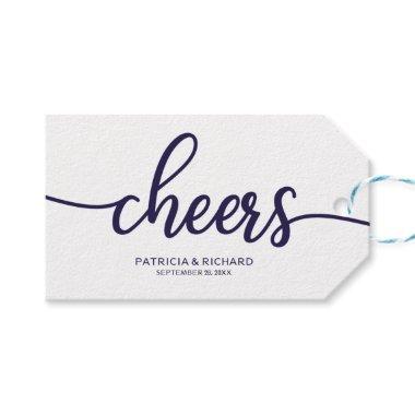 Chic Navy Blue Calligraphy Cheers Wine Bottle Tags