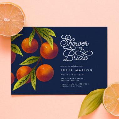 Chic Navy Blue Oranges Citrus Bridal Shower Invitations