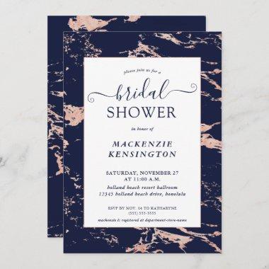 Chic Navy Blue Rose Gold Marble Bridal Shower Invi Invitations